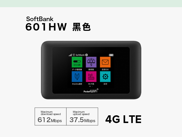 SoftBank 601HW 黑色 [ 6個月 + 6個月 + 1天租借 ]